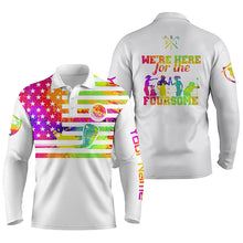 Load image into Gallery viewer, Watercolor American flag mens golf polo shirts custom name we&#39;re here for the foursome golf gifts NQS5465