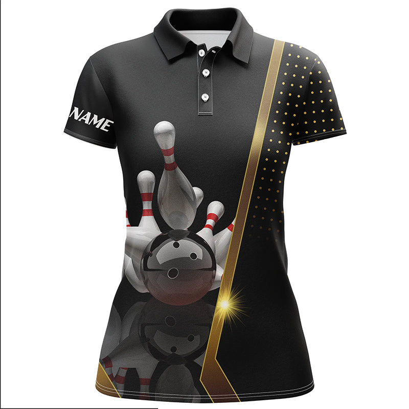 Personalized women Bowling polo Shirt Black and Gold ladies Bowlers Custom Team bowling Jersey NQS5947