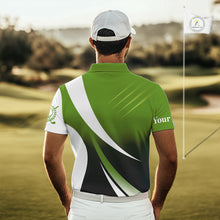 Load image into Gallery viewer, Mens golf polo shirts custom name green and white golf shirt, tournament golf tops for mens NQS10258