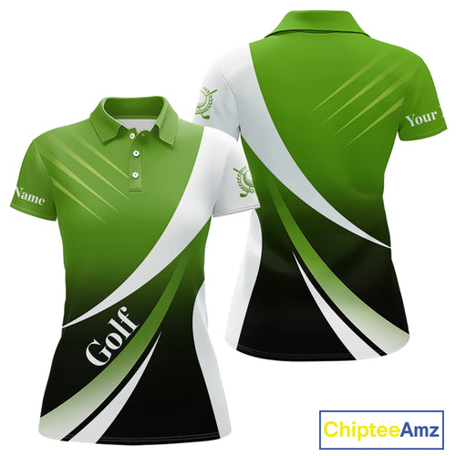 Women golf polo shirts custom name green and white golf shirt, tournament golf tops for ladies NQS10258
