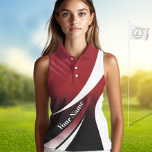 Load image into Gallery viewer, Women Sleeveless Polo Shirt custom name red and white golf shirt, tournament golf tops for ladies NQS10259