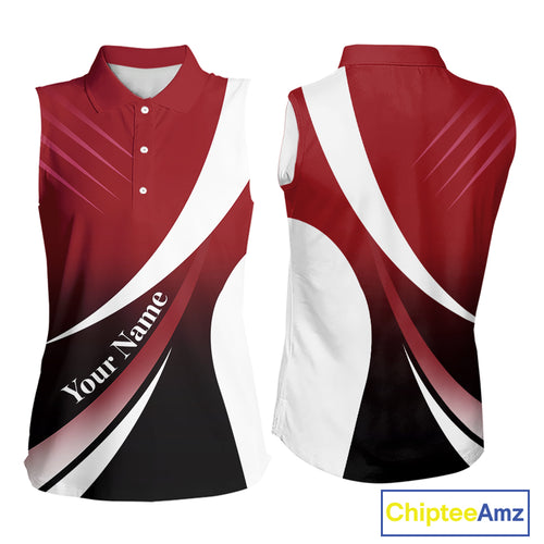 Women Sleeveless Polo Shirt custom name red and white golf shirt, tournament golf tops for ladies NQS10259