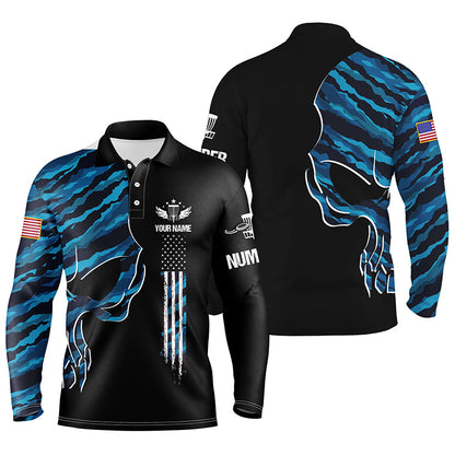 Blue camo skull black US flag custom name, number Men disc golf polo shirts, disco golf outfit for men NQS6141