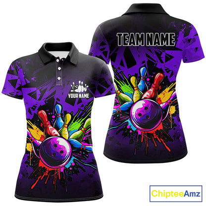 Colorful bowling jersey Polo, 1/4 Zip Shirt for Women Custom Bowling Team shirts for bowler| Purple NQS8258