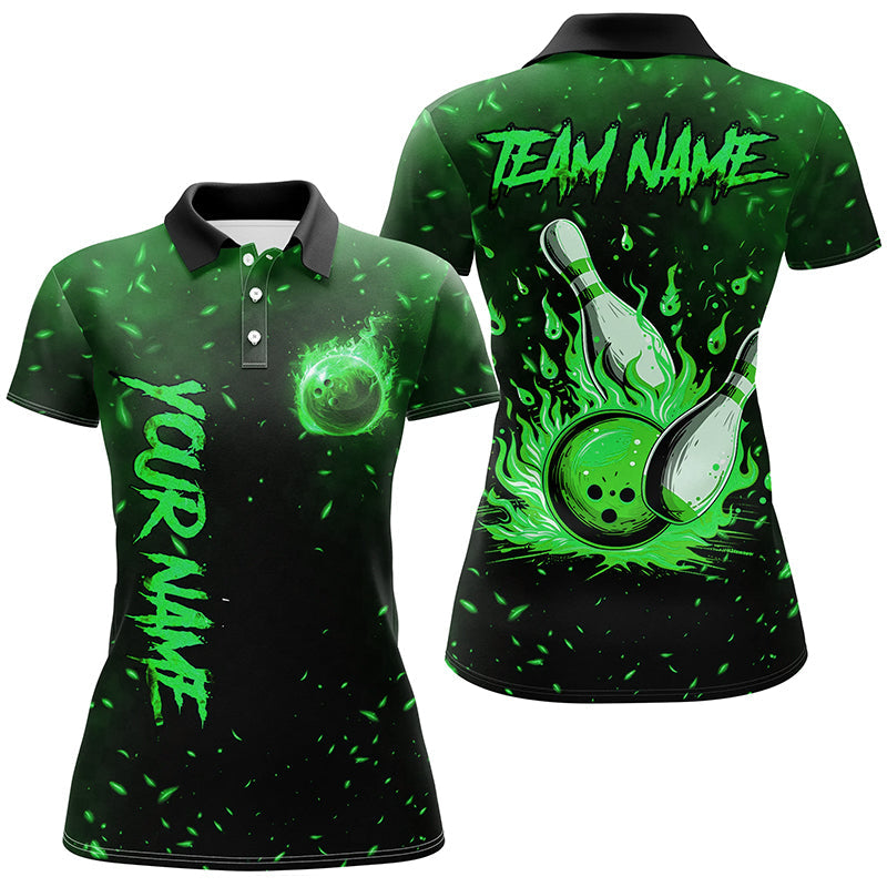Green Flame Bowling Jersey For Women Custom Bowling Polo, Quarter-Zip Shirt for Team, Gift for Bowlers NQS8468