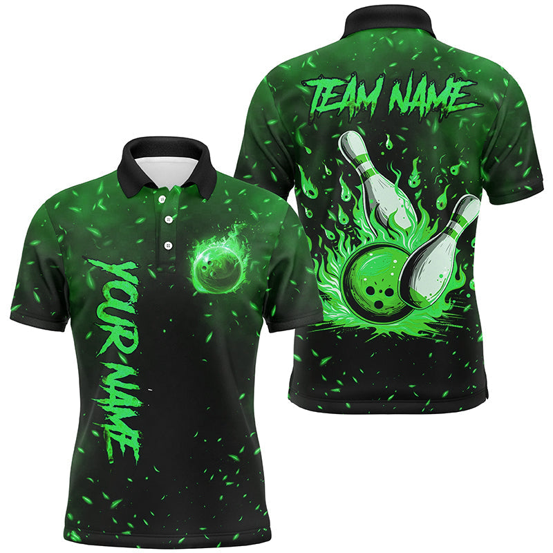 Green Flame Bowling Jerseys For Men Custom Bowling Polo, Quarter-Zip Shirt for Team, Gift for Bowler NQS8468