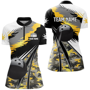 Women polo, quarter zip bowling shirt Custom black ball Gold camo Bowling Team Jersey, gift for Bowler NQS8712