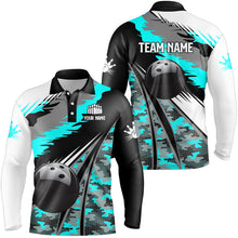 Load image into Gallery viewer, Mens bowling shirts Custom black ball Cyan Blue camo Bowling Team Jerseys, gift for Bowler NQS8713