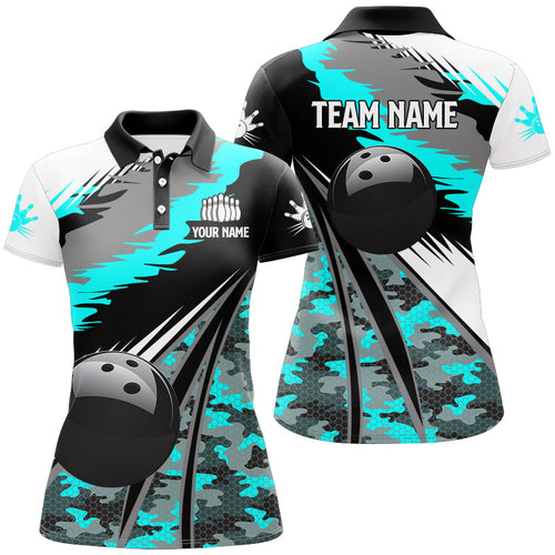 Women bowling shirts Custom black ball Cyan Blue camo Bowling Team Jerseys, gift for Bowler NQS8713