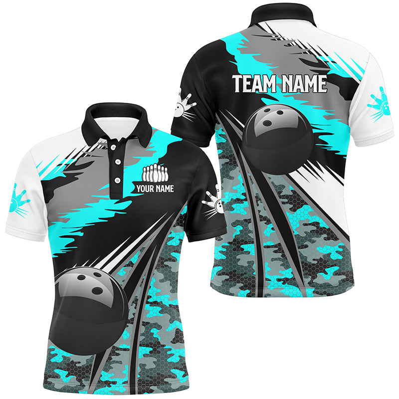 Mens bowling shirts Custom black ball Cyan Blue camo Bowling Team Jerseys, gift for Bowler NQS8713