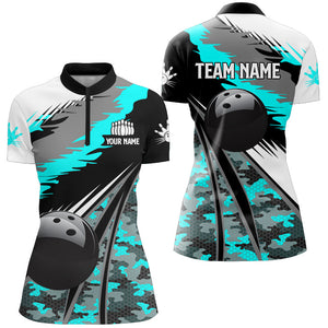 Women bowling shirts Custom black ball Cyan Blue camo Bowling Team Jerseys, gift for Bowler NQS8713