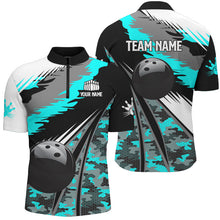 Load image into Gallery viewer, Mens bowling shirts Custom black ball Cyan Blue camo Bowling Team Jerseys, gift for Bowler NQS8713