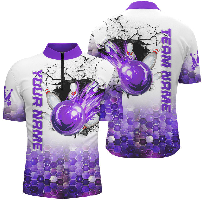 Mens Bowling Polo, Quarter Zip Shirts Custom Bowling Team League Jerseys, Bowling Uniform | Purple NQS8721