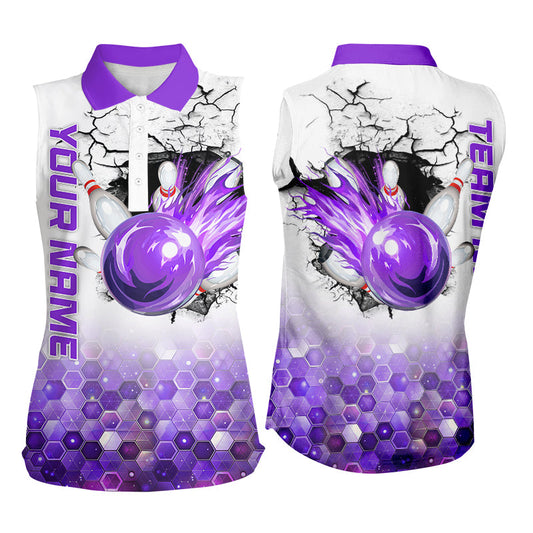 Women Sleeveless Polo Shirt Custom Bowling Team League Jerseys, Bowling Uniform | Purple NQS8721