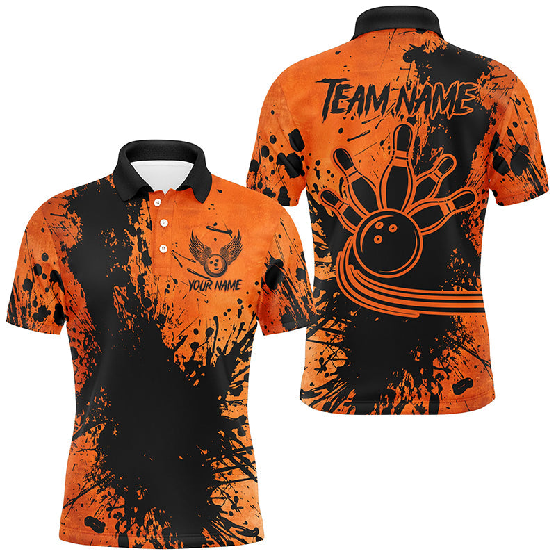 Black and Orange Mens Bowling Polo, Quarter Zip Shirts Custom Halloween Bowling Team League Jerseys NQS8722