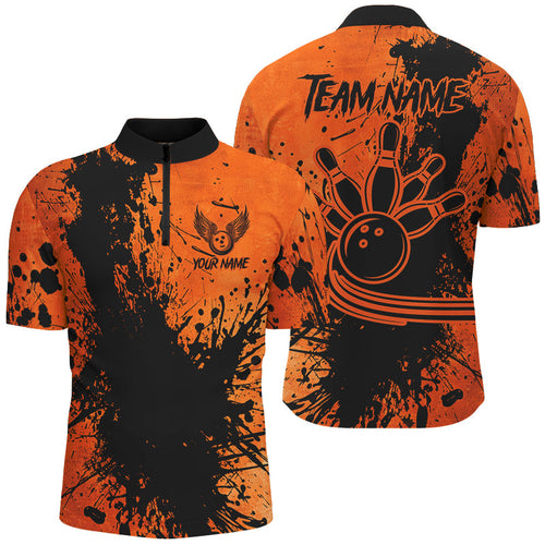 Black and Orange Mens Bowling Polo, Quarter Zip Shirts Custom Halloween Bowling Team League Jerseys NQS8722