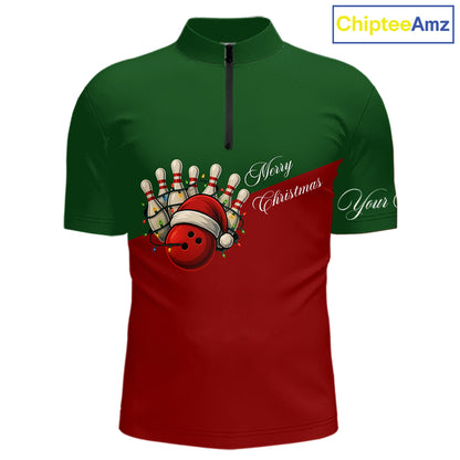 Red and Green Christmas Bowling Polo, Quarter Zip Shirts For Men custom mens bowling jerseys NQS11052