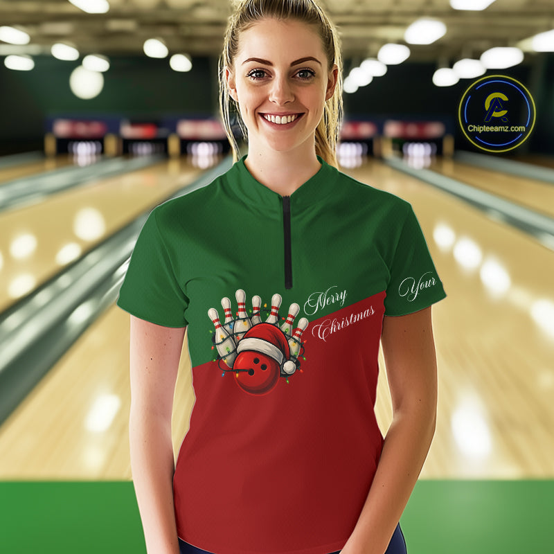 Red and Green Christmas Bowling Polo, Quarter Zip Shirts For Women custom Ladies bowling jerseys NQS11052