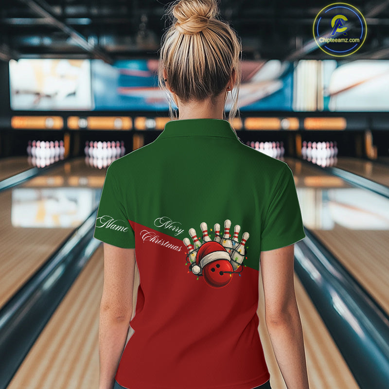 Red and Green Christmas Bowling Polo, Quarter Zip Shirts For Women custom Ladies bowling jerseys NQS11052