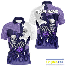 Load image into Gallery viewer, White and Purple Camo Flame Lightning Skull Bowling Shirts For Men Custom Bowling Team Jerseys NQS11055