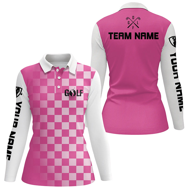 Womens golf polos shirts custom name pink checkered pattern ladies golf shirts, womens golf clothes NQS4561