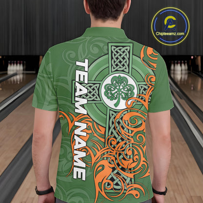 Green and orange Irish Tribal Cross St Patrick's Day Mens bowling shirts Custom Lucky Bowling Jerseys NQS11255