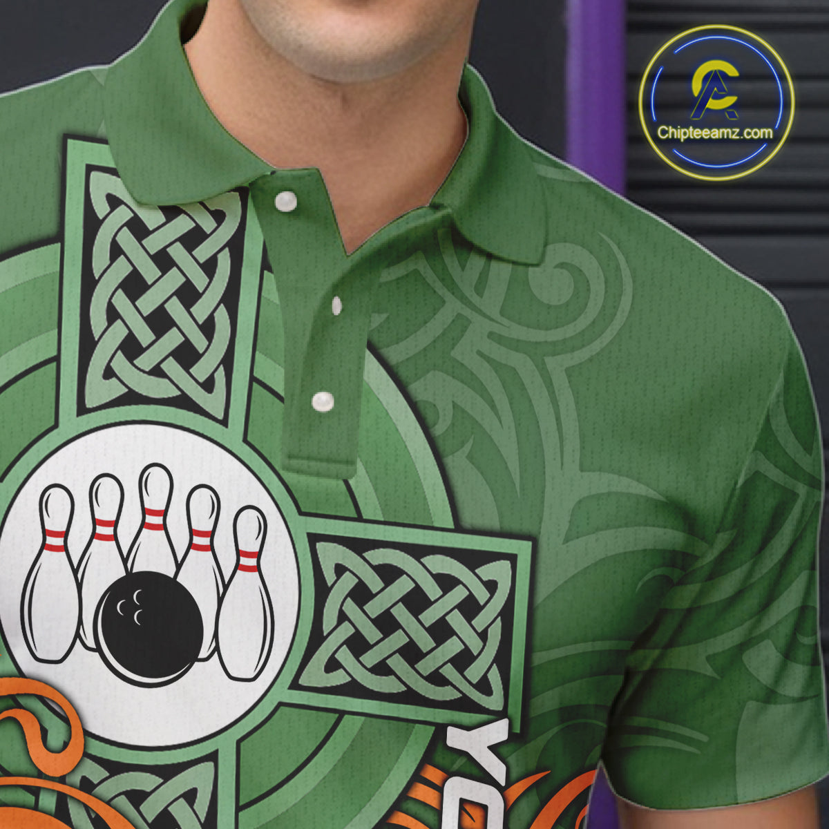 Green and orange Irish Tribal Cross St Patrick's Day Mens bowling shirts Custom Lucky Bowling Jerseys NQS11255