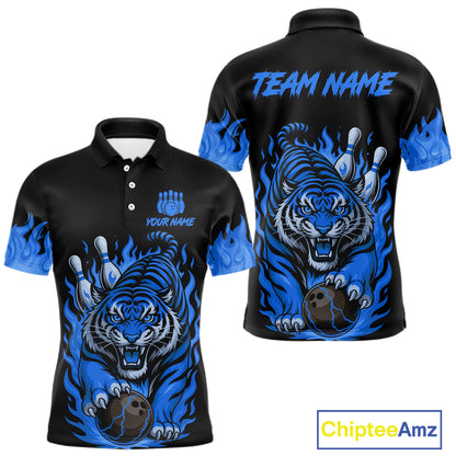 Black and Blue Flame Tiger Bowling Polo, 1/4 Zip Shirts for Men Custom Team Tiger Bowling Jersey NQS11256