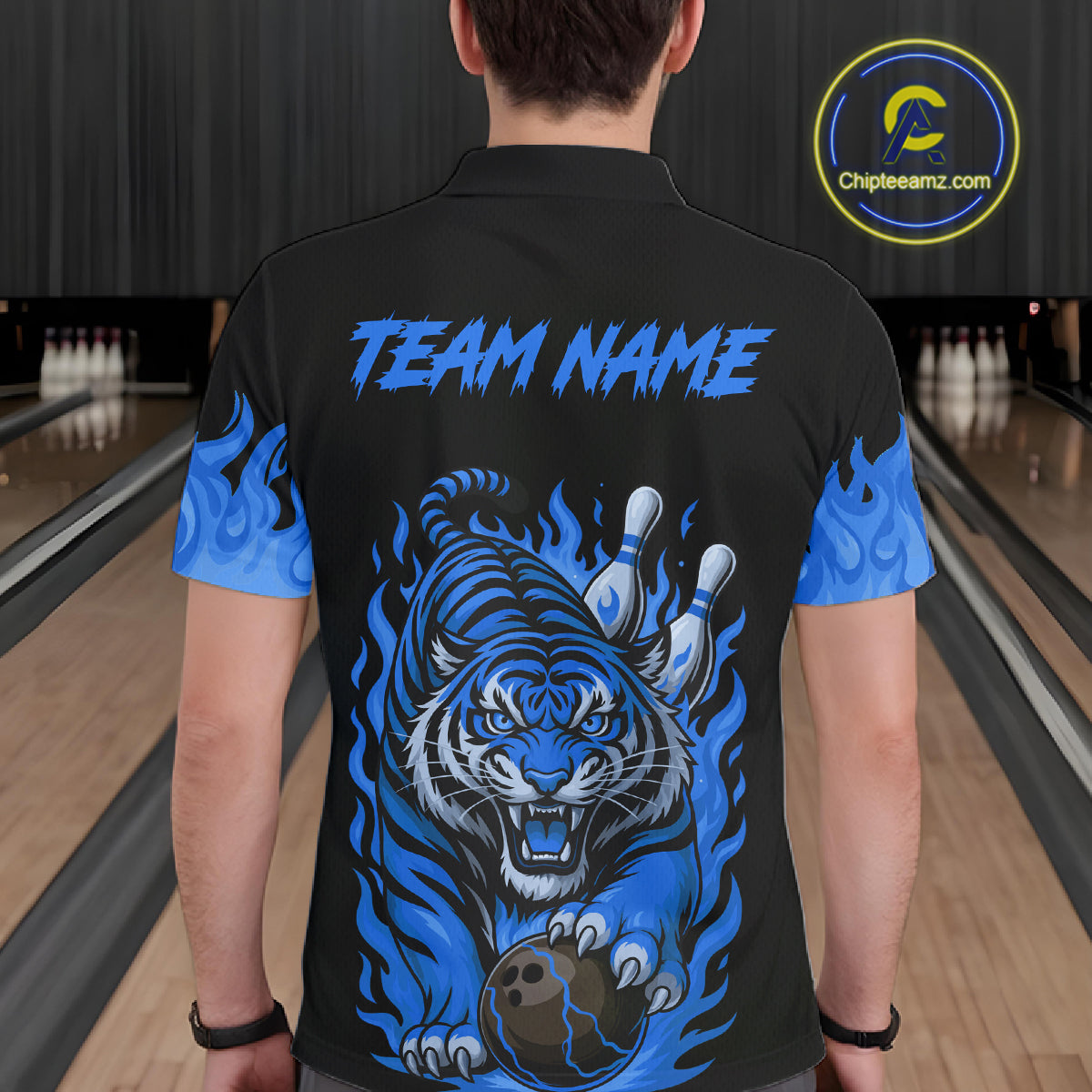 Black and Blue Flame Tiger Bowling Polo, 1/4 Zip Shirts for Men Custom Team Tiger Bowling Jersey NQS11256