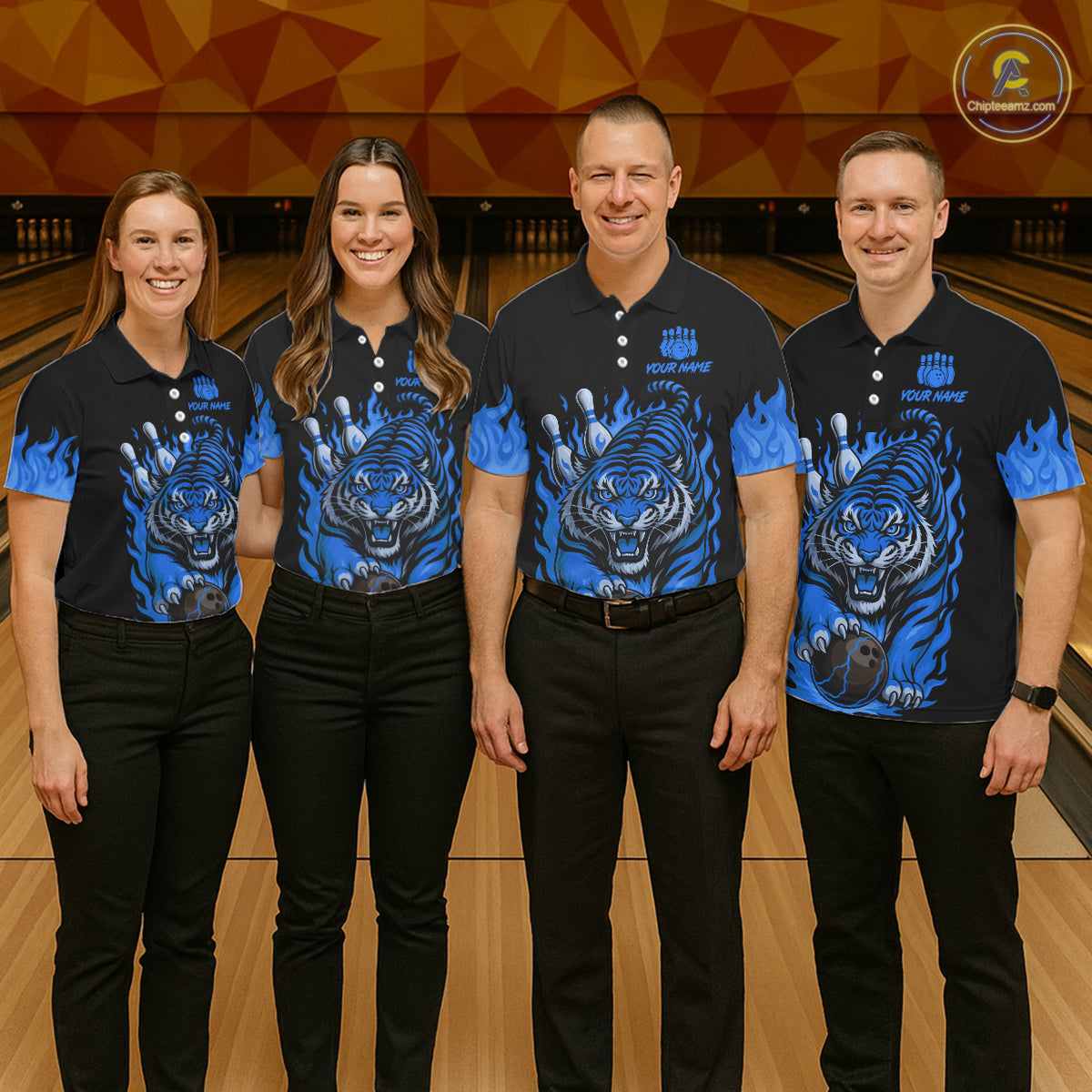 Black and Blue Flame Tiger Bowling Polo, 1/4 Zip Shirts for Men Custom Team Tiger Bowling Jersey NQS11256