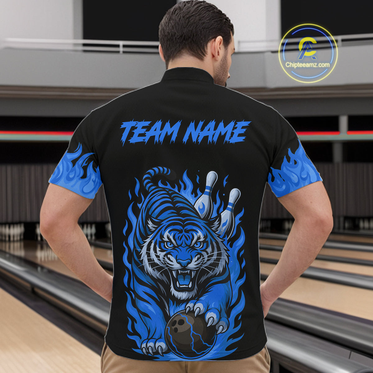 Black and Blue Flame Tiger Bowling Polo, 1/4 Zip Shirts for Men Custom Team Tiger Bowling Jersey NQS11256