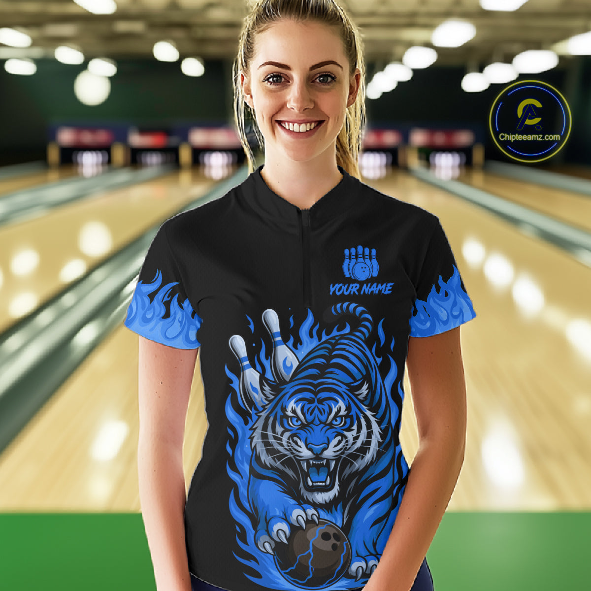 Black and Blue Flame Tiger Bowling Polo, 1/4 Zip Shirts for Women Custom Team Tiger Bowling Jersey NQS11256