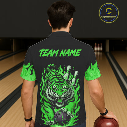 Black and Green Flame Tiger Bowling Hawaiian Shirt Custom Team Tiger Bowling Jersey NQS11257