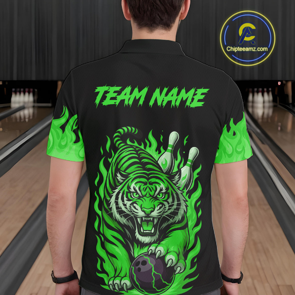 Black and Green Flame Tiger Bowling Polo, 1/4 Zip Shirts for Men Custom Team Tiger Bowling Jersey NQS11257