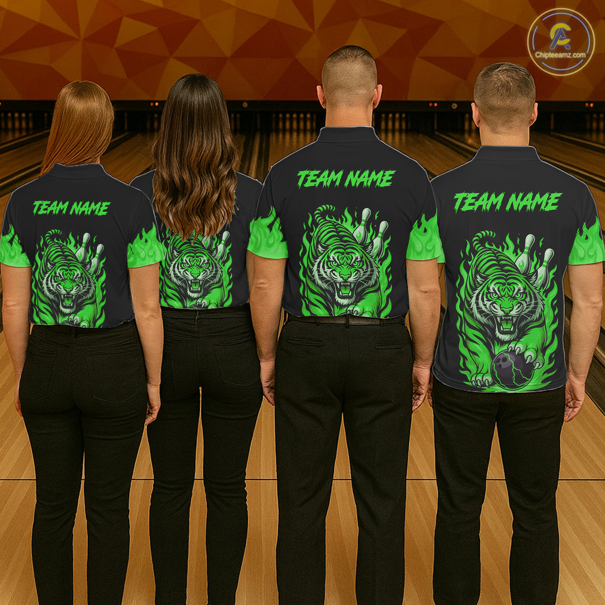 Black and Green Flame Tiger Bowling Polo, 1/4 Zip Shirts for Women Custom Team Tiger Bowling Jersey NQS11257