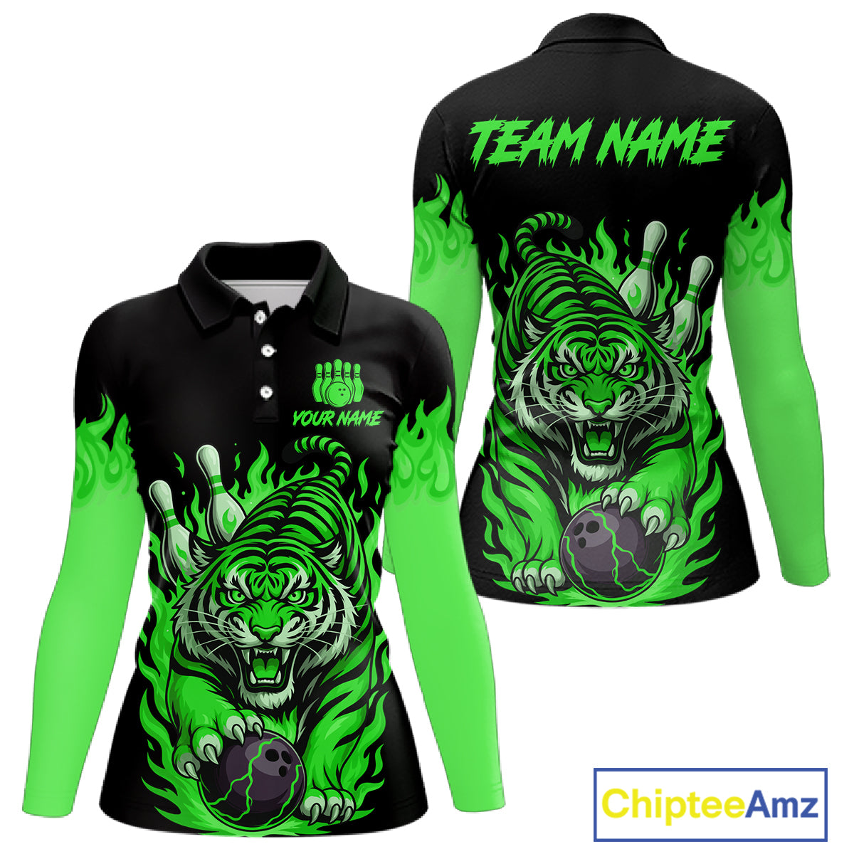 Black and Green Flame Tiger Bowling Polo, 1/4 Zip Shirts for Women Custom Team Tiger Bowling Jersey NQS11257