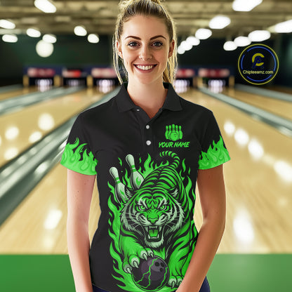 Black and Green Flame Tiger Bowling Polo, 1/4 Zip Shirts for Women Custom Team Tiger Bowling Jersey NQS11257