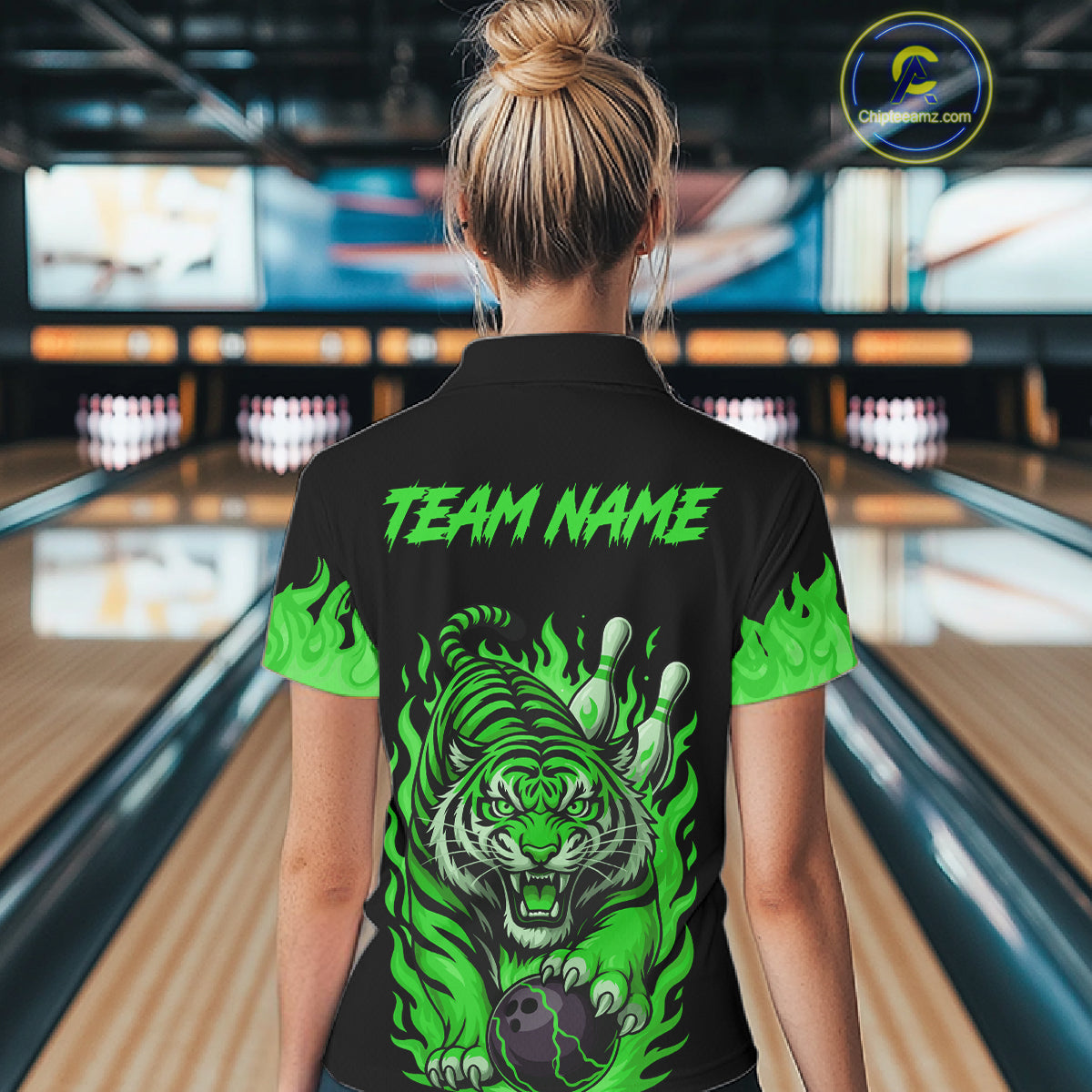 Black and Green Flame Tiger Bowling Polo, 1/4 Zip Shirts for Women Custom Team Tiger Bowling Jersey NQS11257