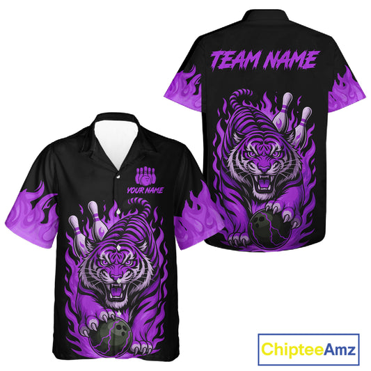 Black and Purple Flame Tiger Bowling Hawaiian Shirt Custom Team Tiger Bowling Jersey NQS11258