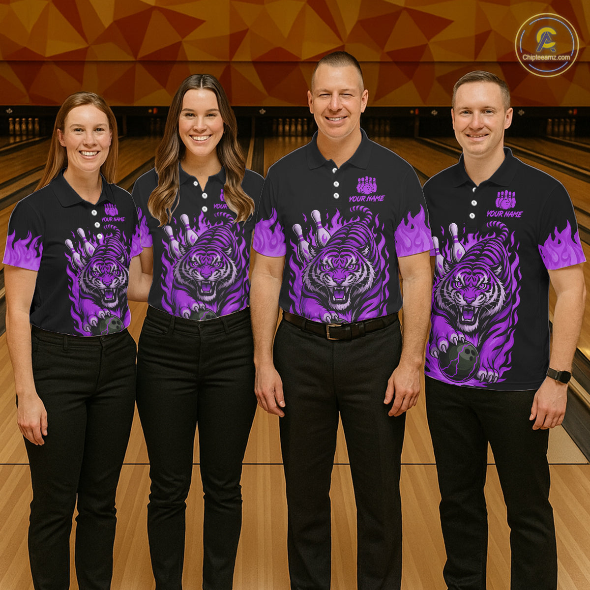 Black and Purple Flame Tiger Bowling Polo, 1/4 Zip Shirts for Men Custom Team Tiger Bowling Jersey NQS11258