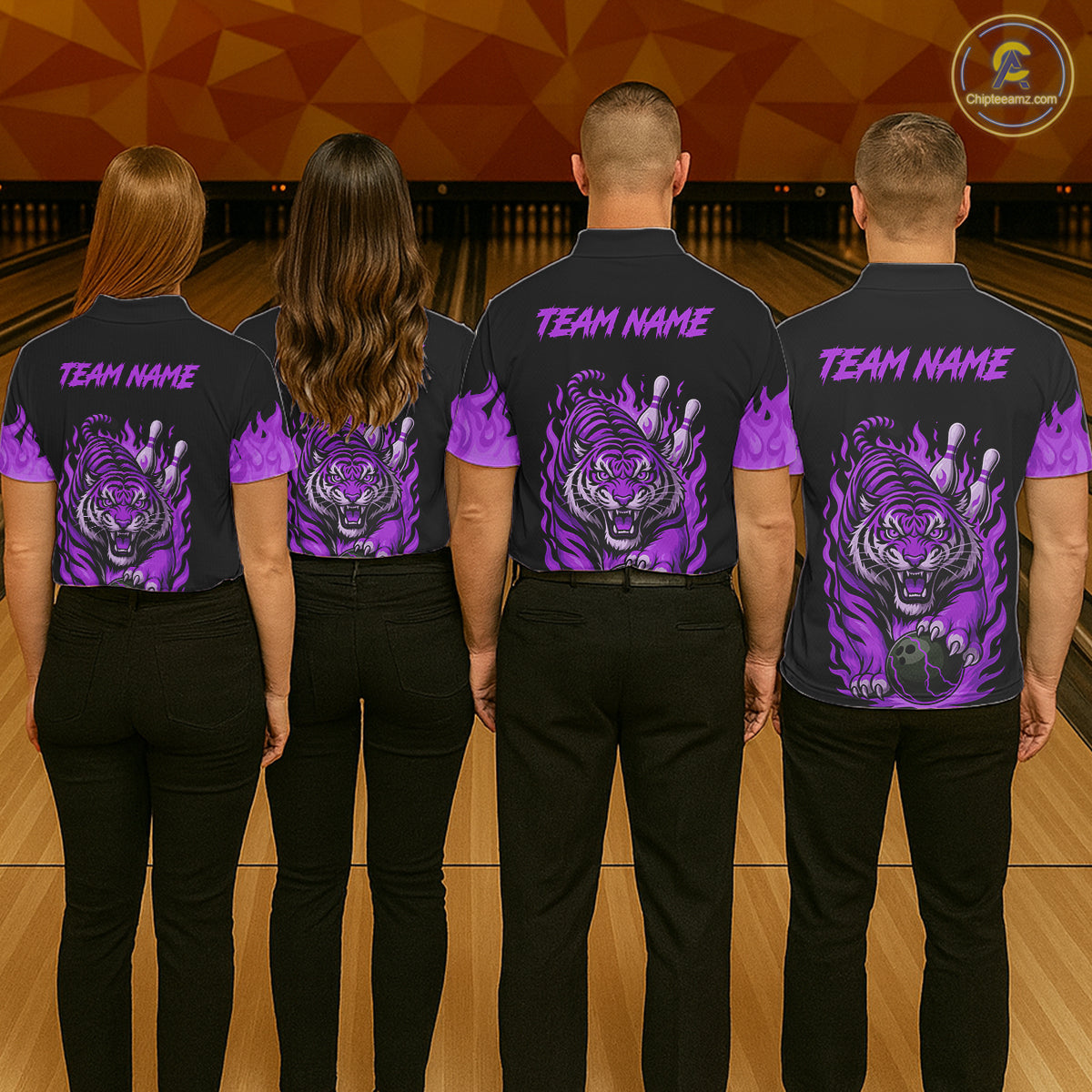 Black and Purple Flame Tiger Bowling Polo, 1/4 Zip Shirts for Men Custom Team Tiger Bowling Jersey NQS11258