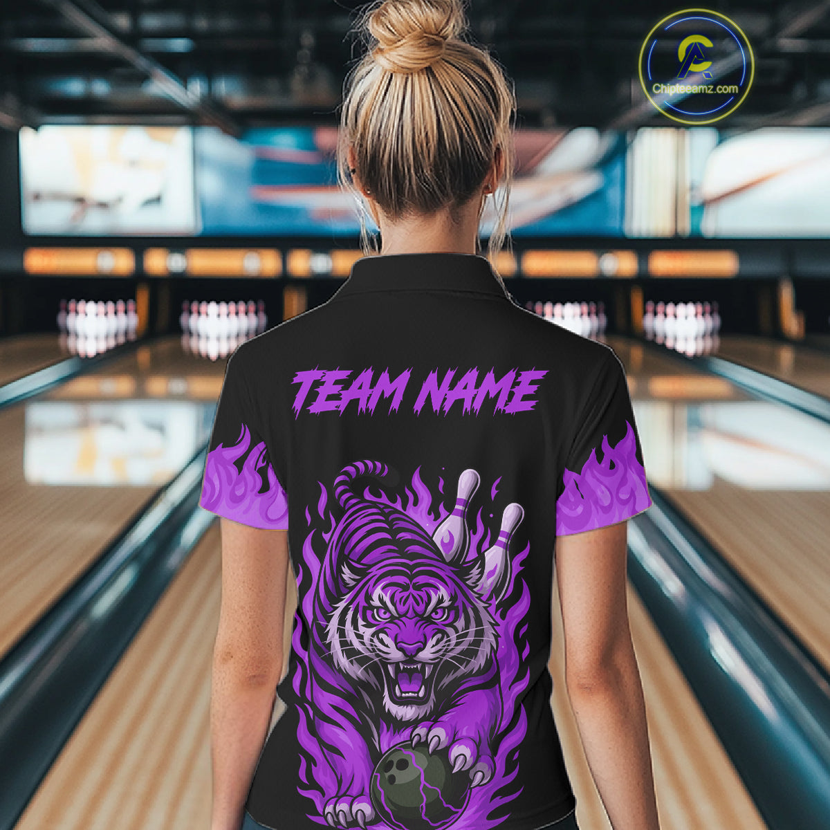 Black and Purple Flame Tiger Bowling Polo, 1/4 Zip Shirts for Women Custom Team Tiger Bowling Jersey NQS11258