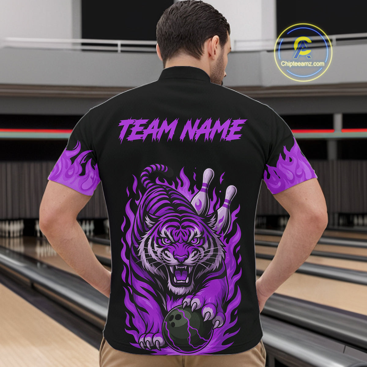 Black and Purple Flame Tiger Bowling Polo, 1/4 Zip Shirts for Men Custom Team Tiger Bowling Jersey NQS11258