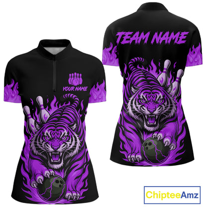 Black and Purple Flame Tiger Bowling Polo, 1/4 Zip Shirts for Women Custom Team Tiger Bowling Jersey NQS11258