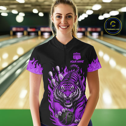 Black and Purple Flame Tiger Bowling Polo, 1/4 Zip Shirts for Women Custom Team Tiger Bowling Jersey NQS11258