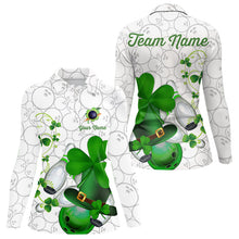 Load image into Gallery viewer, Green shamrock Women bowling polo, quarter zip shirts Custom St Patrick Day team league bowling jersey NQS9532
