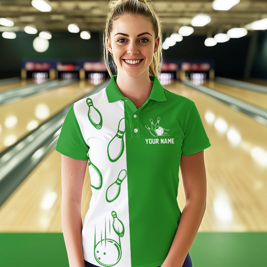 Green and white retro vintage Bowling polo, quarter zip shirts for Women custom Bowling team jerseys NQS9533