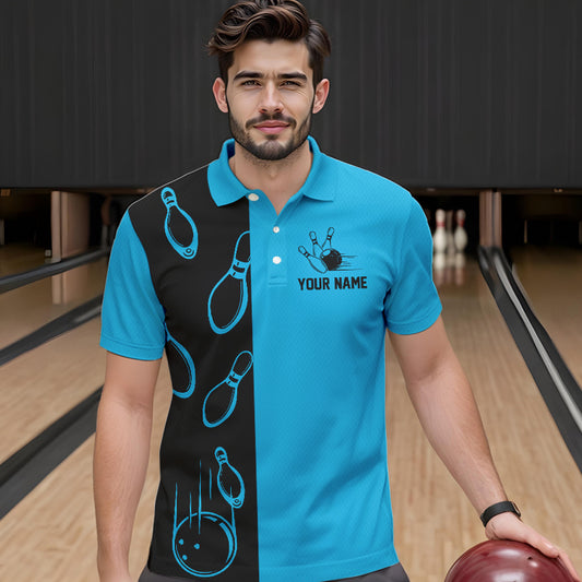 Cyan Blue and Black retro vintage Bowling polo, quarter zip shirts for men custom Bowling team jerseys NQS9534