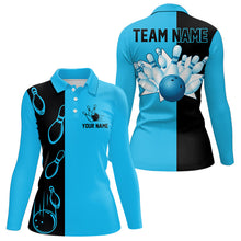 Load image into Gallery viewer, Cyan Blue and Black retro vintage Bowling polo, quarter zip shirt for Women custom Bowling team jersey NQS9534
