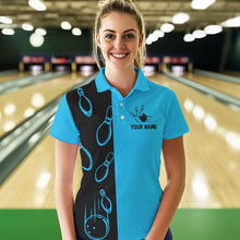 Load image into Gallery viewer, Cyan Blue and Black retro vintage Bowling polo, quarter zip shirt for Women custom Bowling team jersey NQS9534